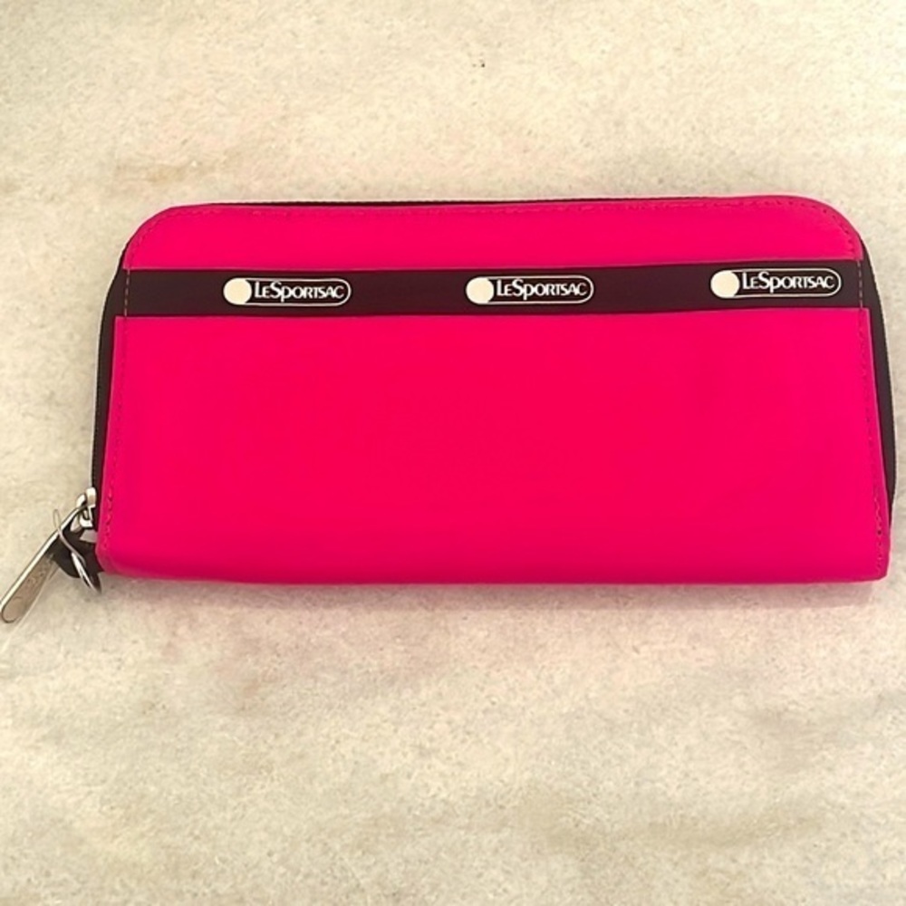 LeSportSac zip around wallet Magenta Pink Black Stripe women Wristlet Wallet Bag